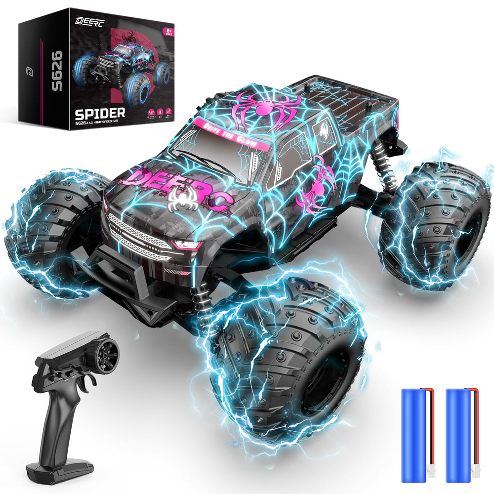 DEERC glowing spider RC car front lights illuminate night driving and obstacle navigation