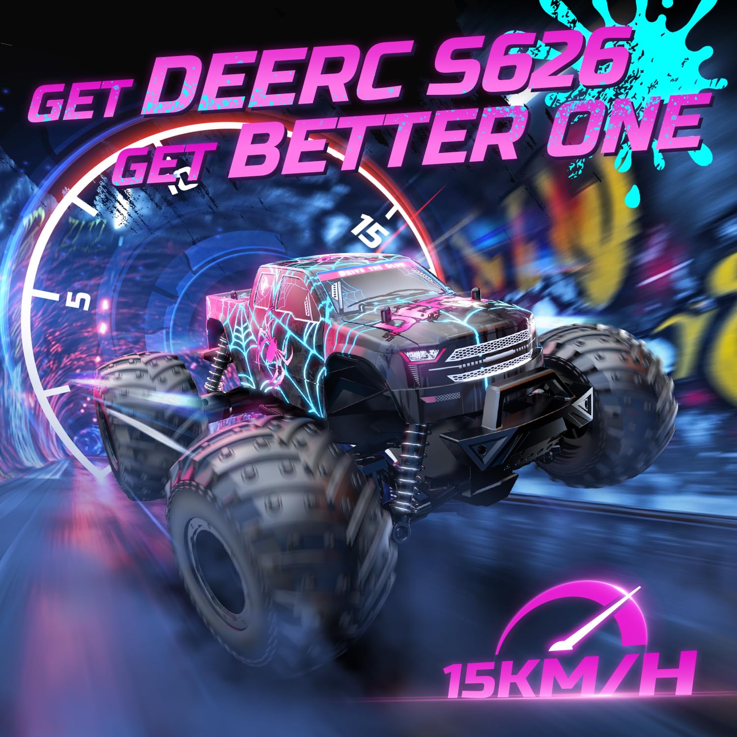 DEERC glowing spider RC car side illumination highlights graffiti style for dark outdoor play