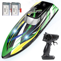DEERC high-speed RC boat with LED lights for bright nighttime tracking.