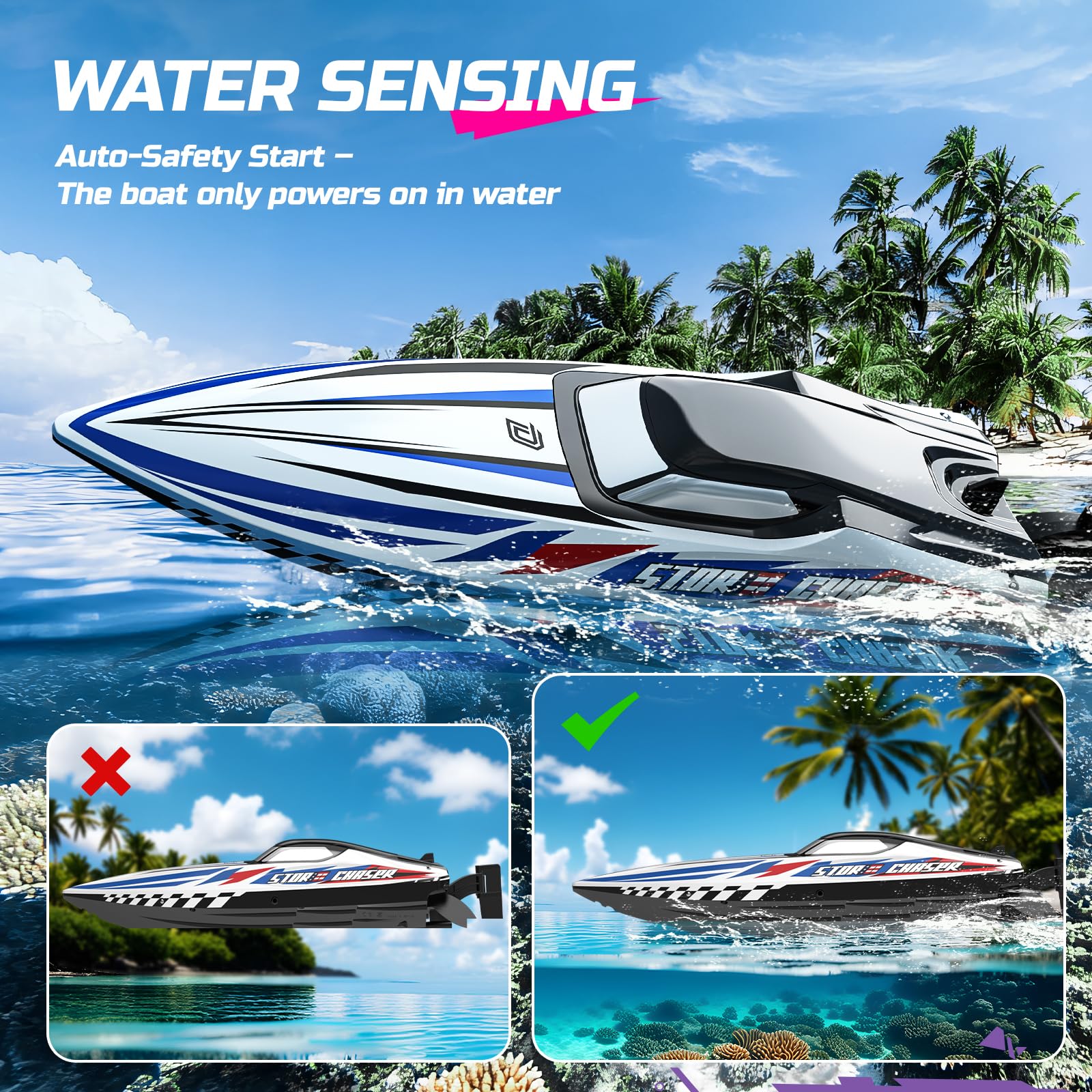 DEERC LED-lit 16-inch RC boat glowing during dusk races