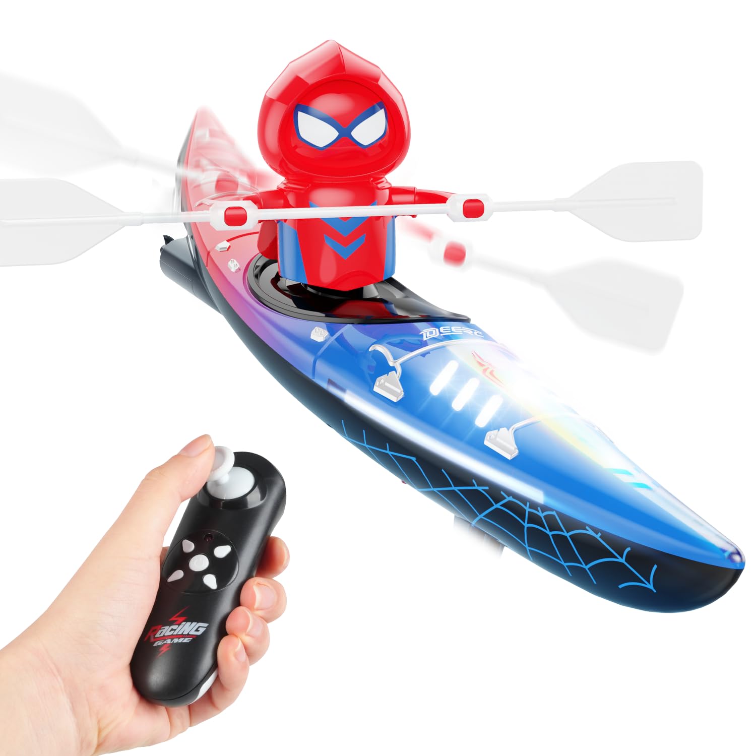 DEERC mini RC boat with shark graffiti design for engaging pool play