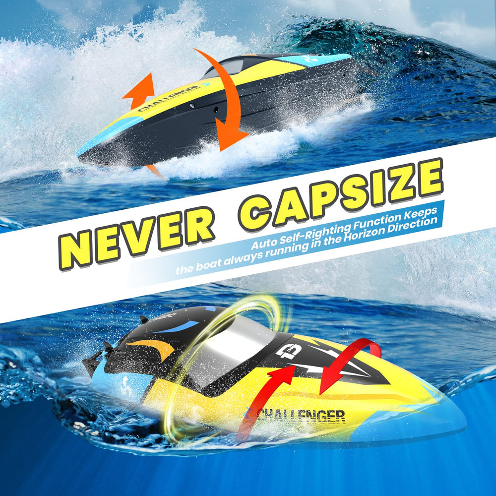 DEERC RC boat shows 180° flip and auto-righting for stable play.