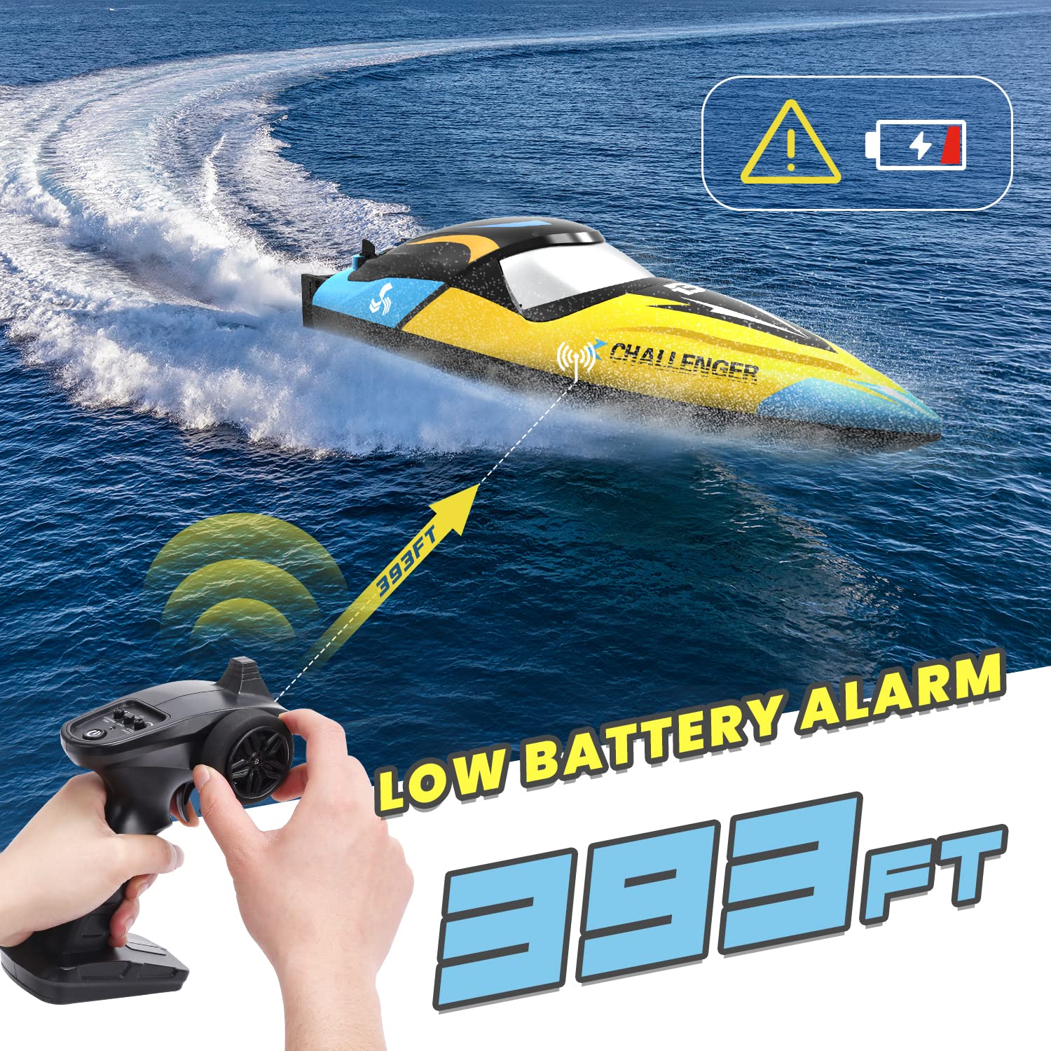 DEERC boat offers control distance up to 393 feet for wide area.