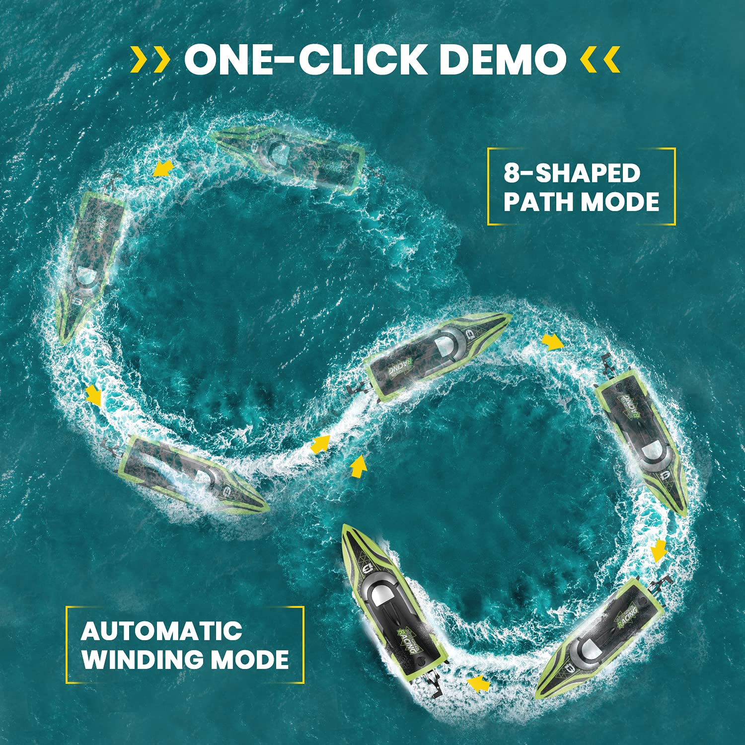 DEERC RC boat with dual batteries extends playtime and swaps.