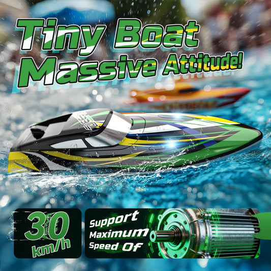 DEERC RC boat with green-yellow-white stripes for standout racing style.
