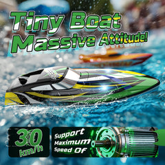 DEERC RC boat with green-yellow-white stripes for standout racing style.