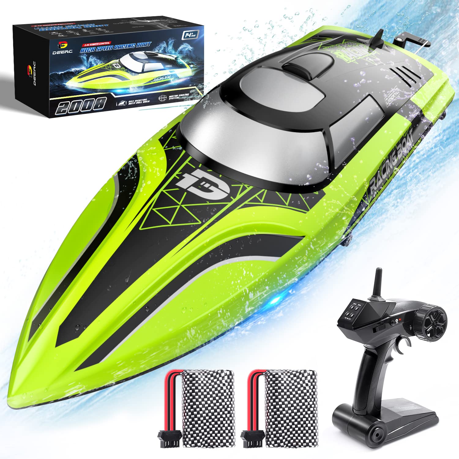 DEERC RC boat with LED lights for night water play.