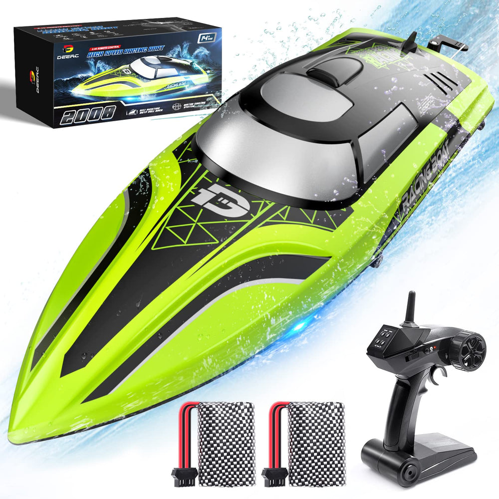 DEERC RC boat with LED lights for night water play.