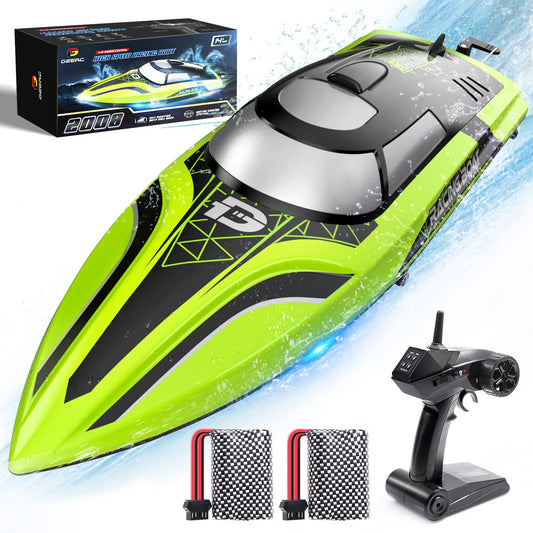 DEERC RC boat with LED lights for night water play.