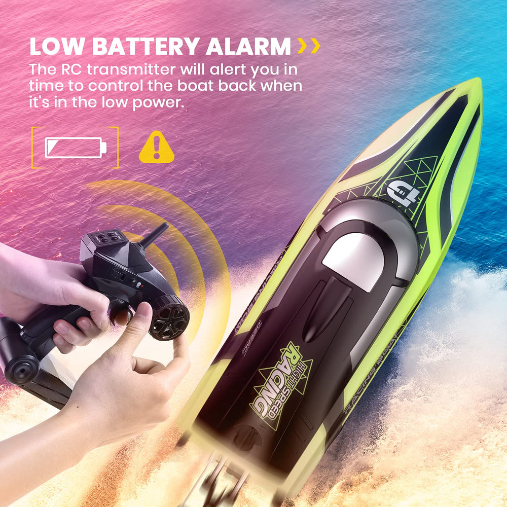 DEERC RC boat remote control with LED indicators and alerts.