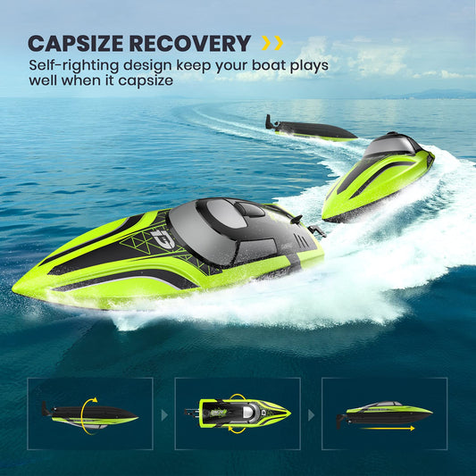 DEERC RC boat demonstrates self-righting for smooth operation in wind and waves.