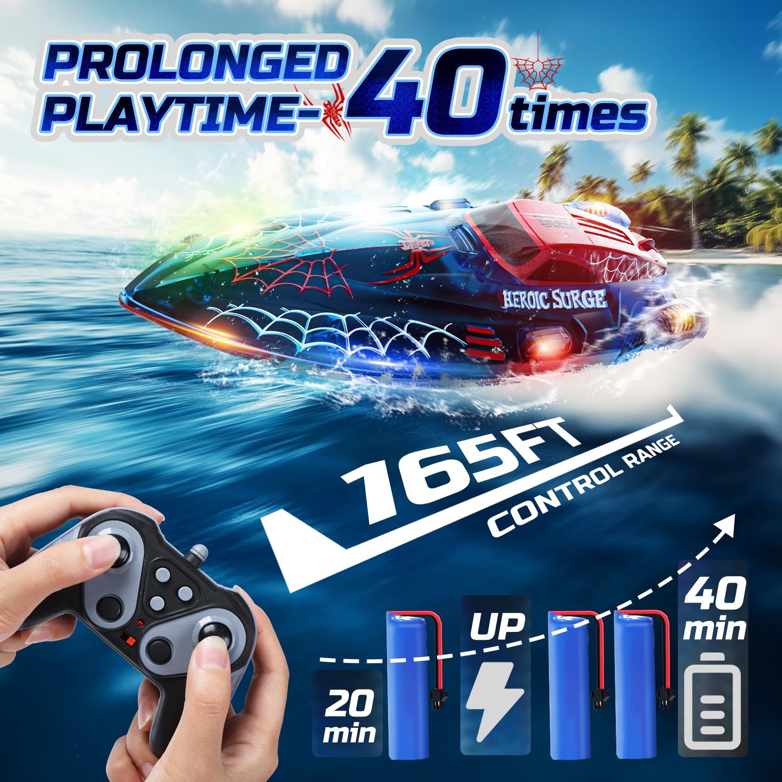 DEERC RC boat includes two rechargeable batteries for extended playtime