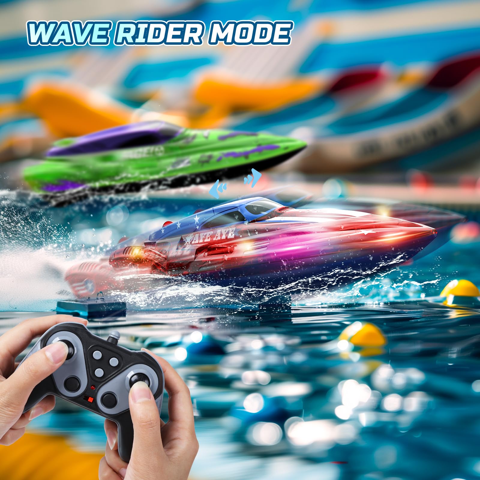 DEERC RC boats suitable for pools, lakes, rivers, and water parks.