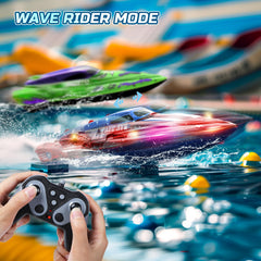 DEERC RC boats suitable for pools, lakes, rivers, and water parks.