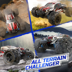 DEERC RC car all-terrain suspension smooths jumps and rough surfaces.