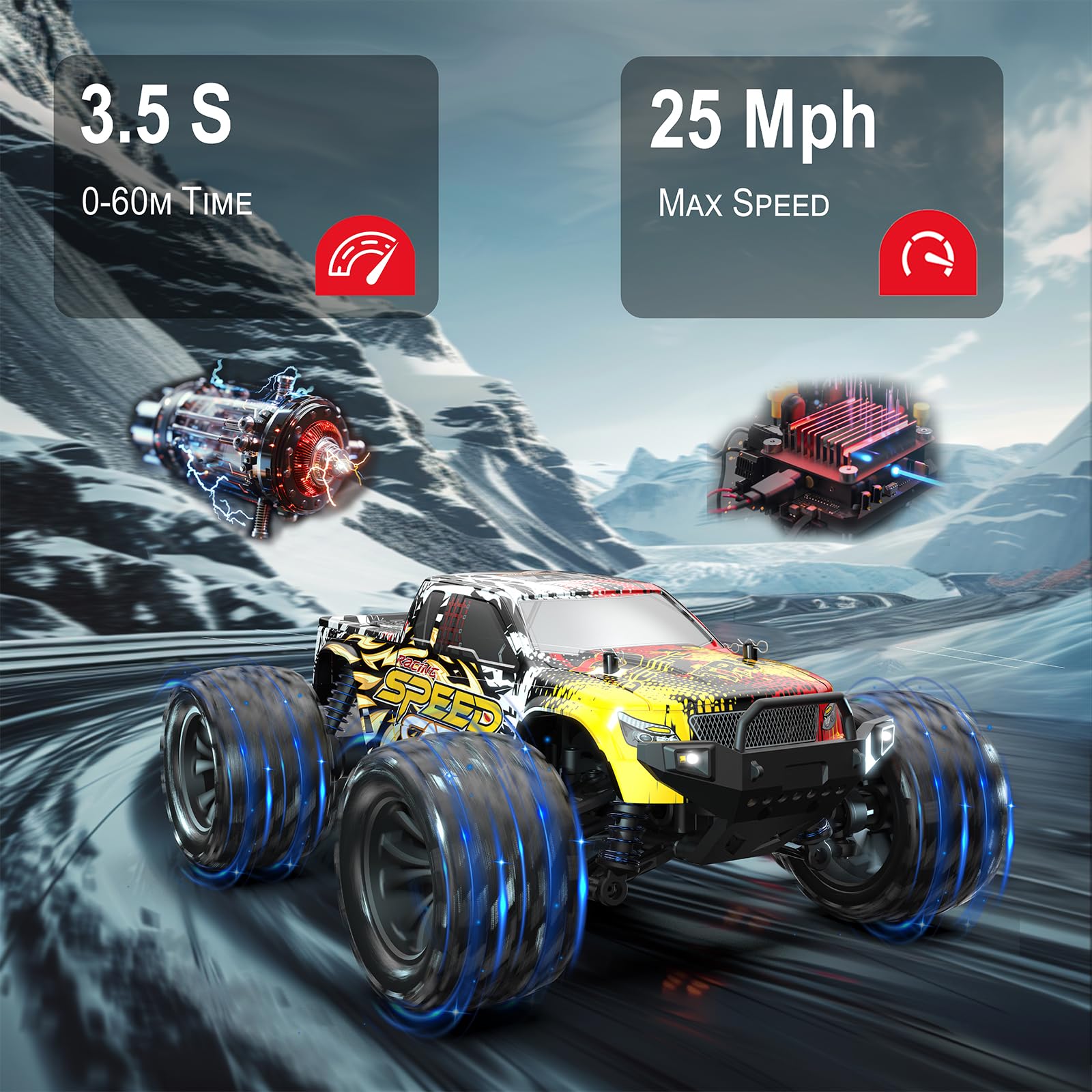 DEERC RC car dampened shocks absorb bumps during jumps