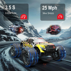 DEERC RC car dampened shocks absorb bumps during jumps