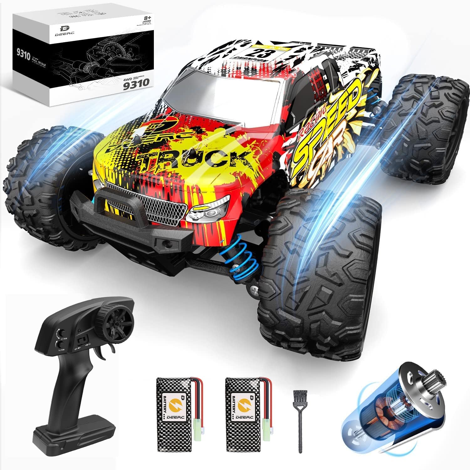 DEERC RC car front view highlights high-speed design for off-road adventures