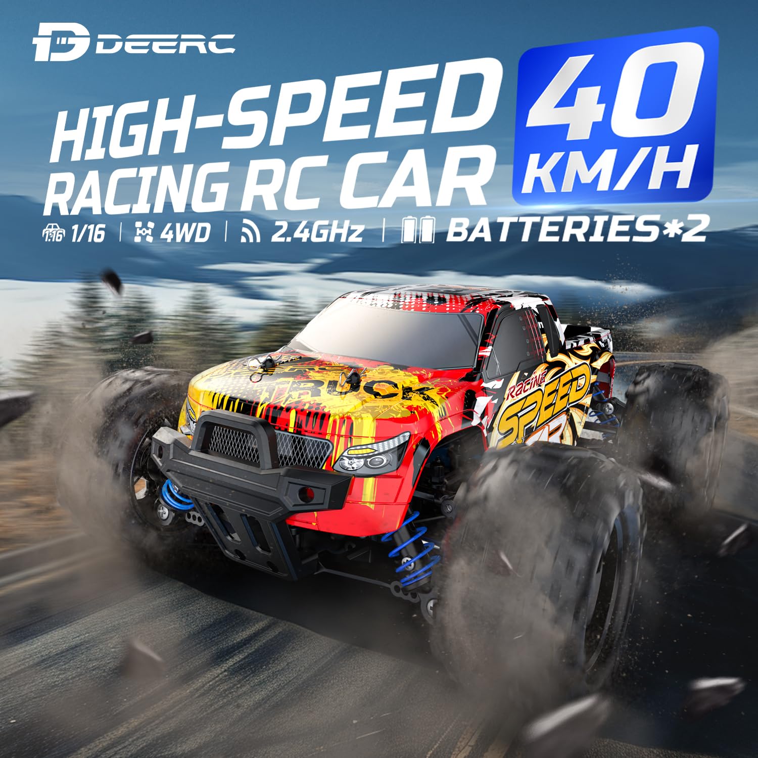 DEERC RC car top view shows 4WD stability on rough terrain