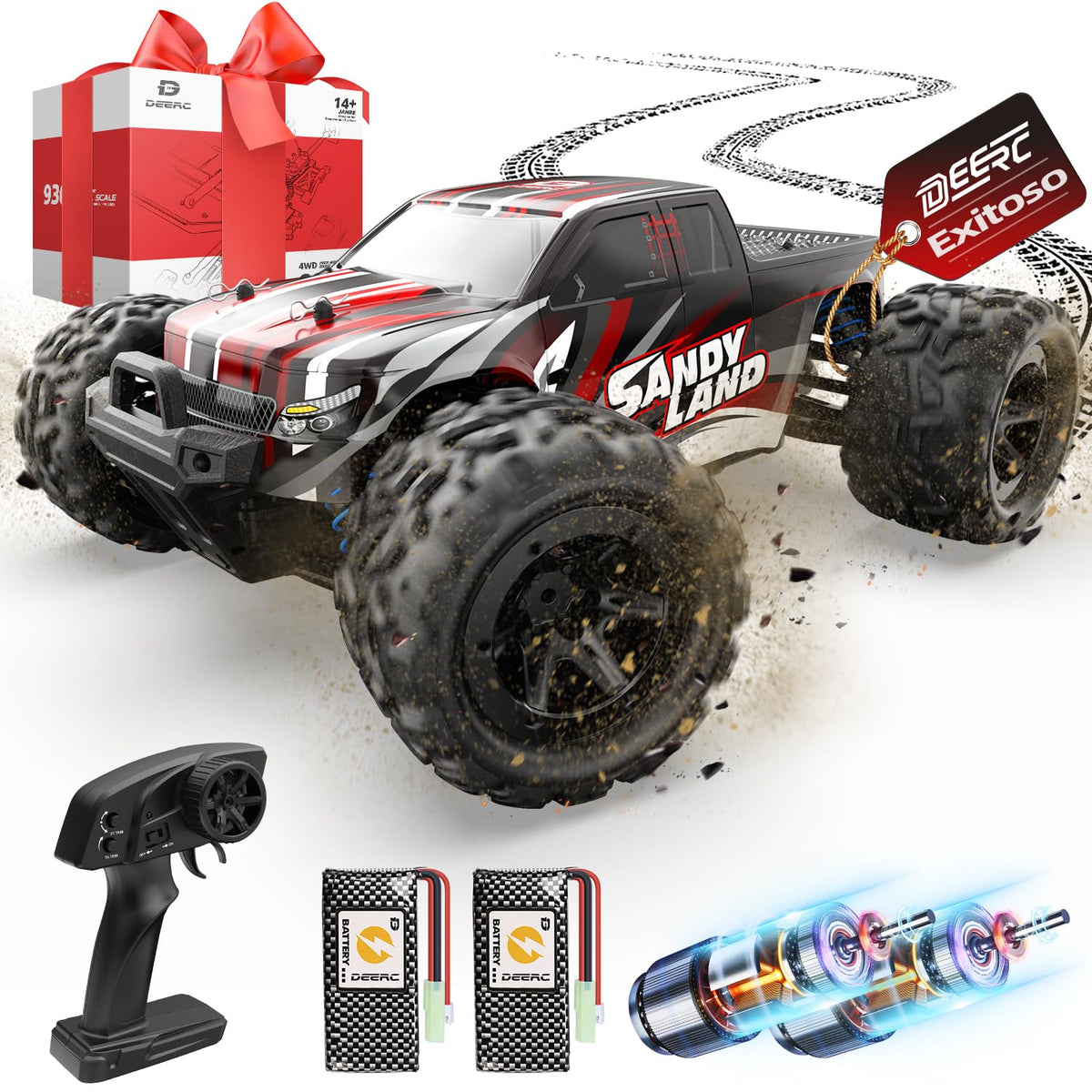 DEERC RC car upgraded tires improve grip on rough terrain.