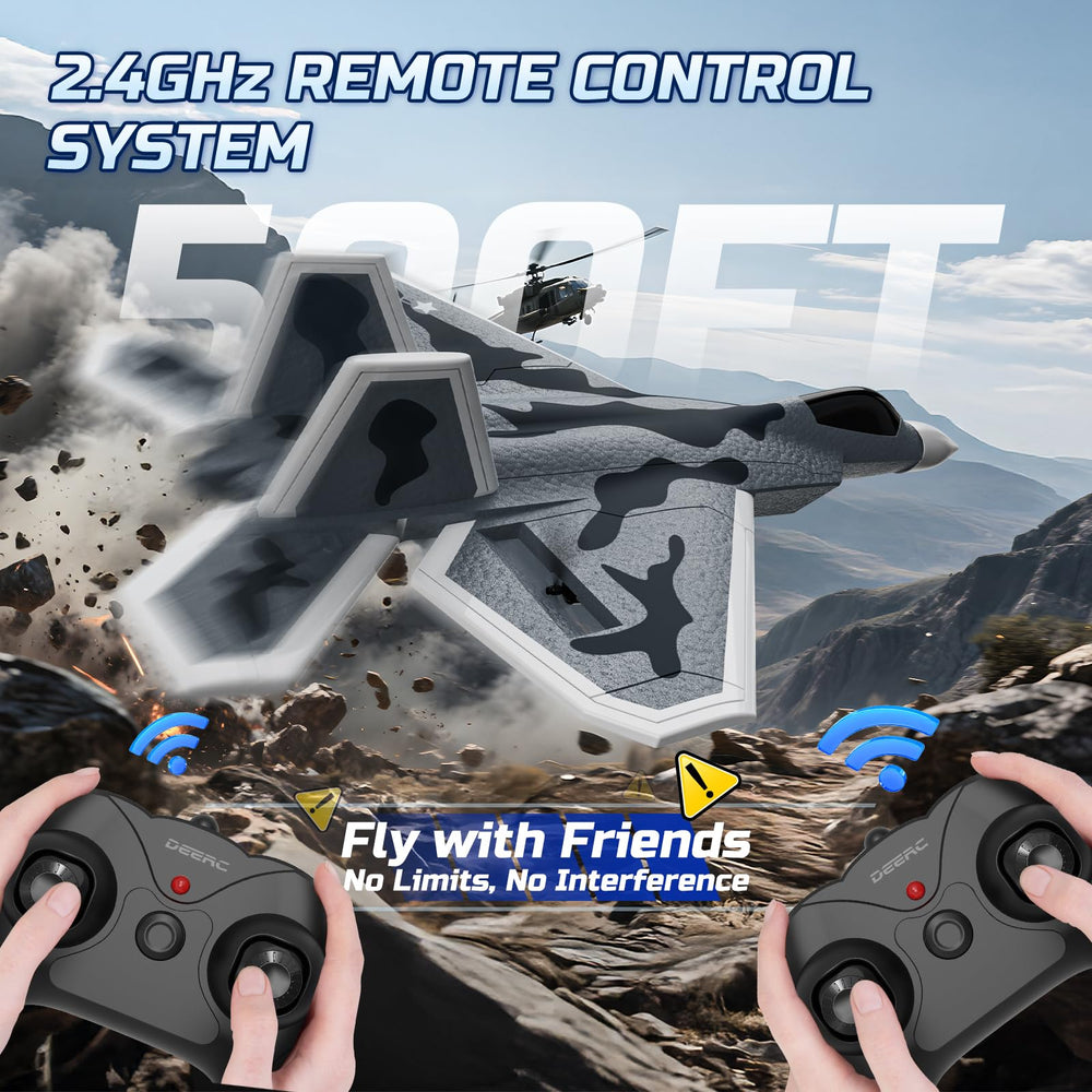 DEERC RC plane 2.4GHz control range for backyard flying sessions.
