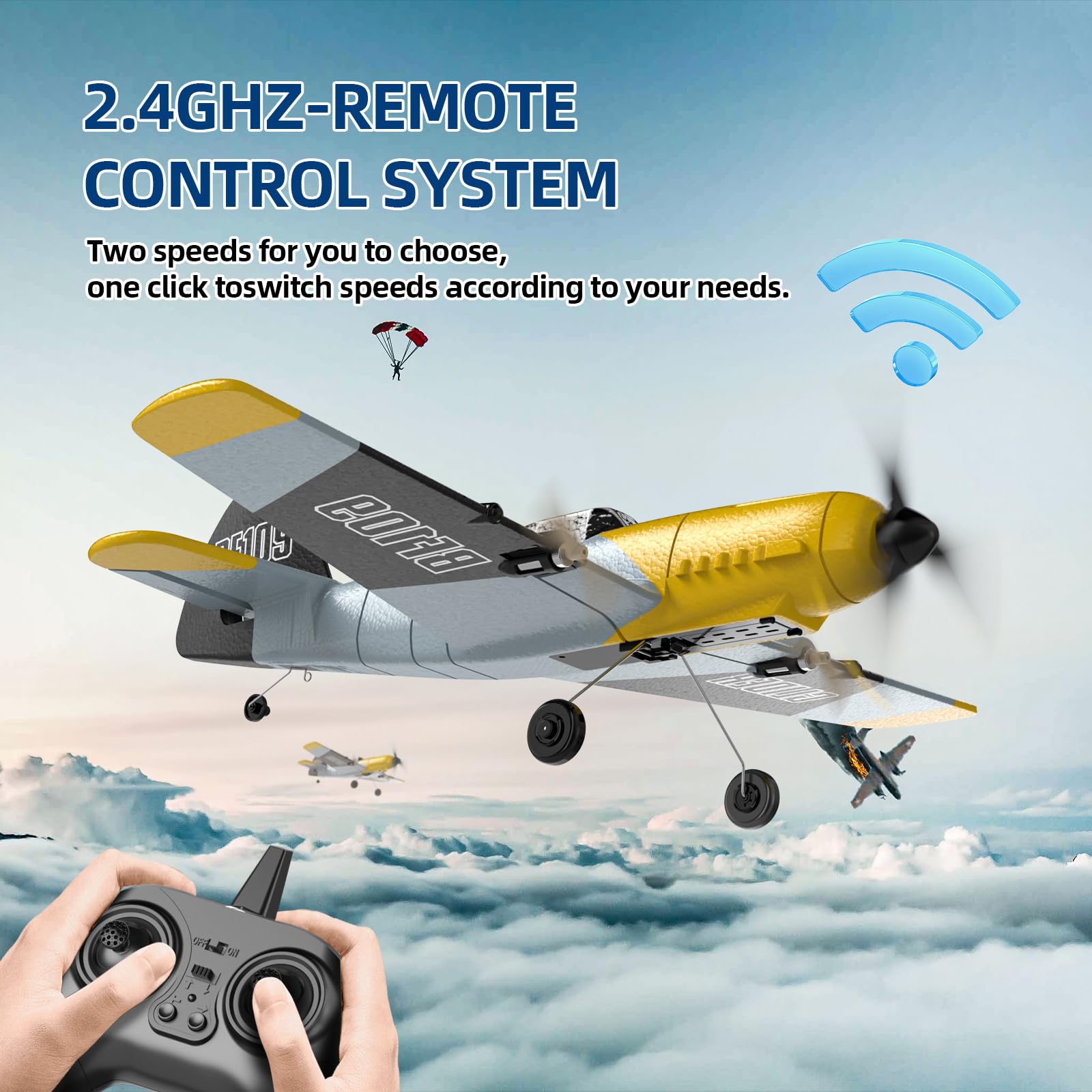 DEERC RC Plane 2.4GHz remote with range up to 200 meters.
