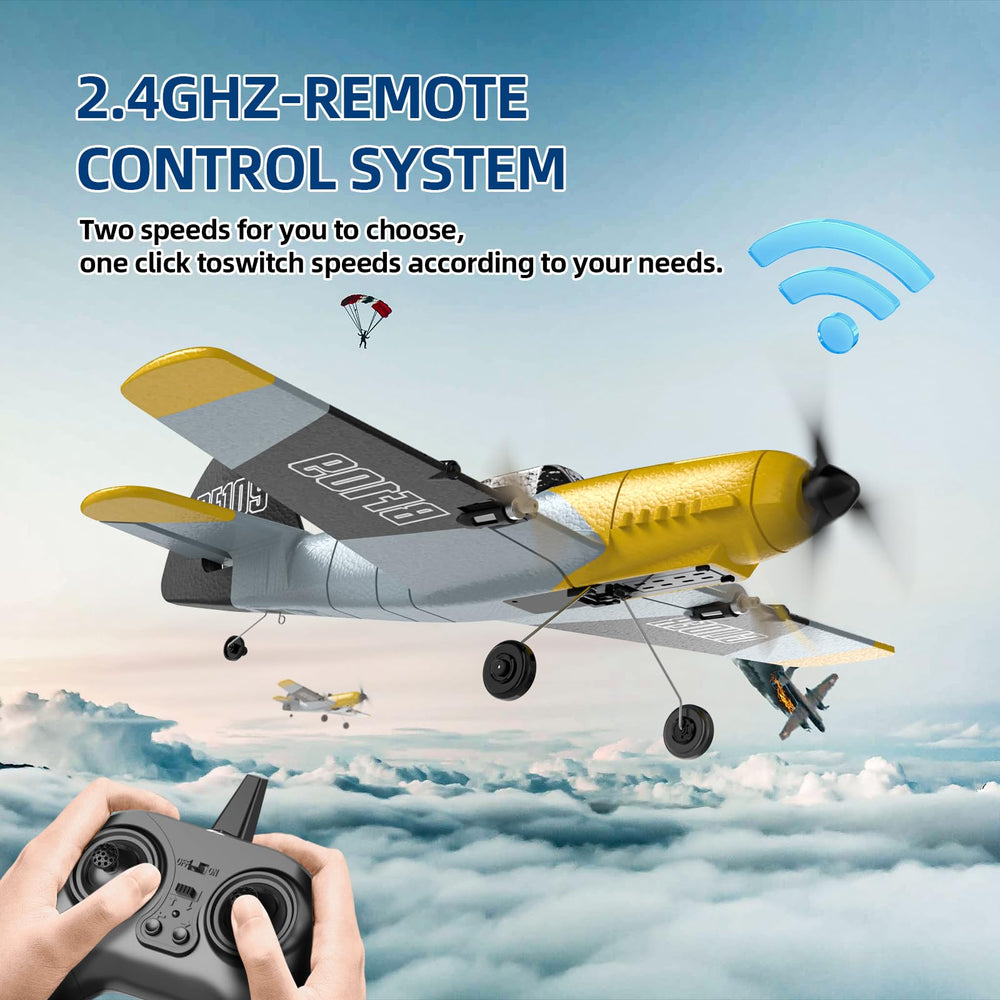 DEERC RC Plane 2.4GHz remote with range up to 200 meters.