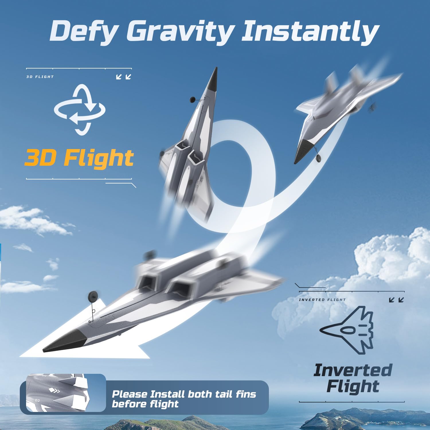 DEERC RC Plane powered by two 7.4V 20C LiPo batteries.