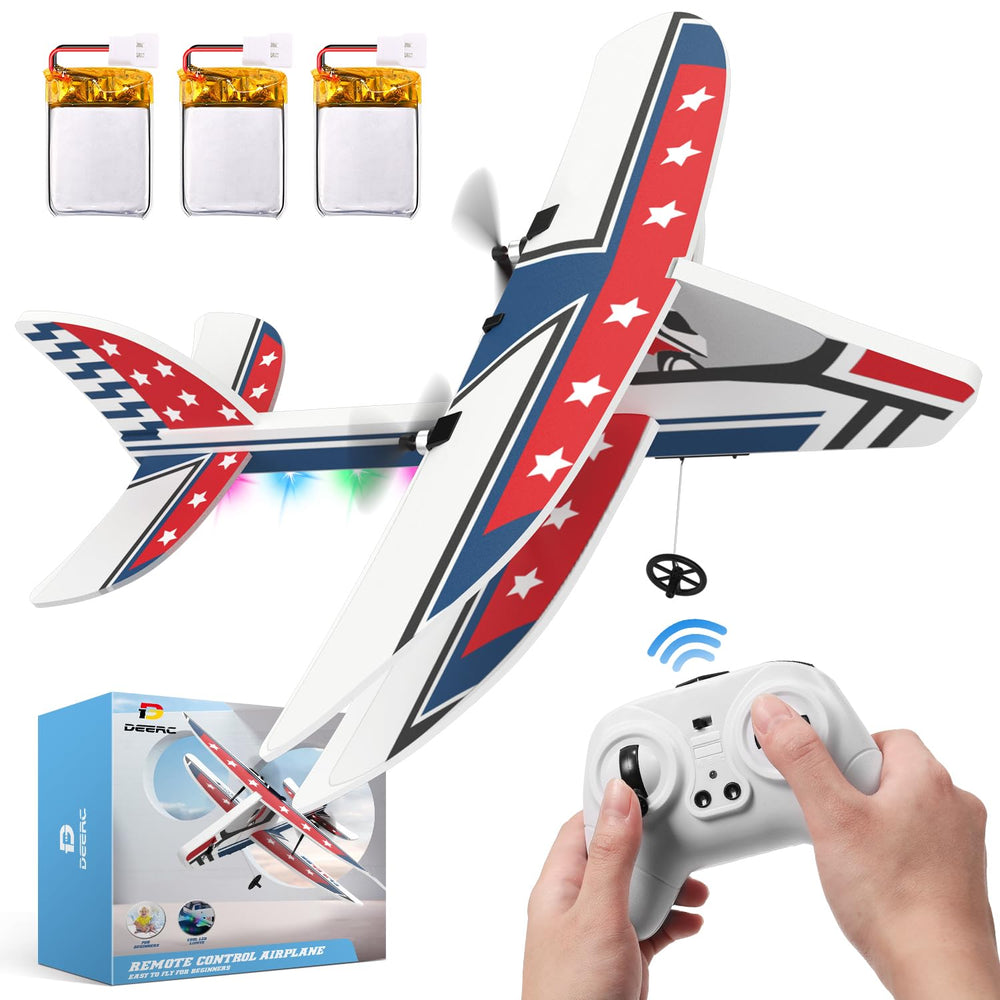 DEERC RC plane front view highlighting beginner-friendly, compact design.