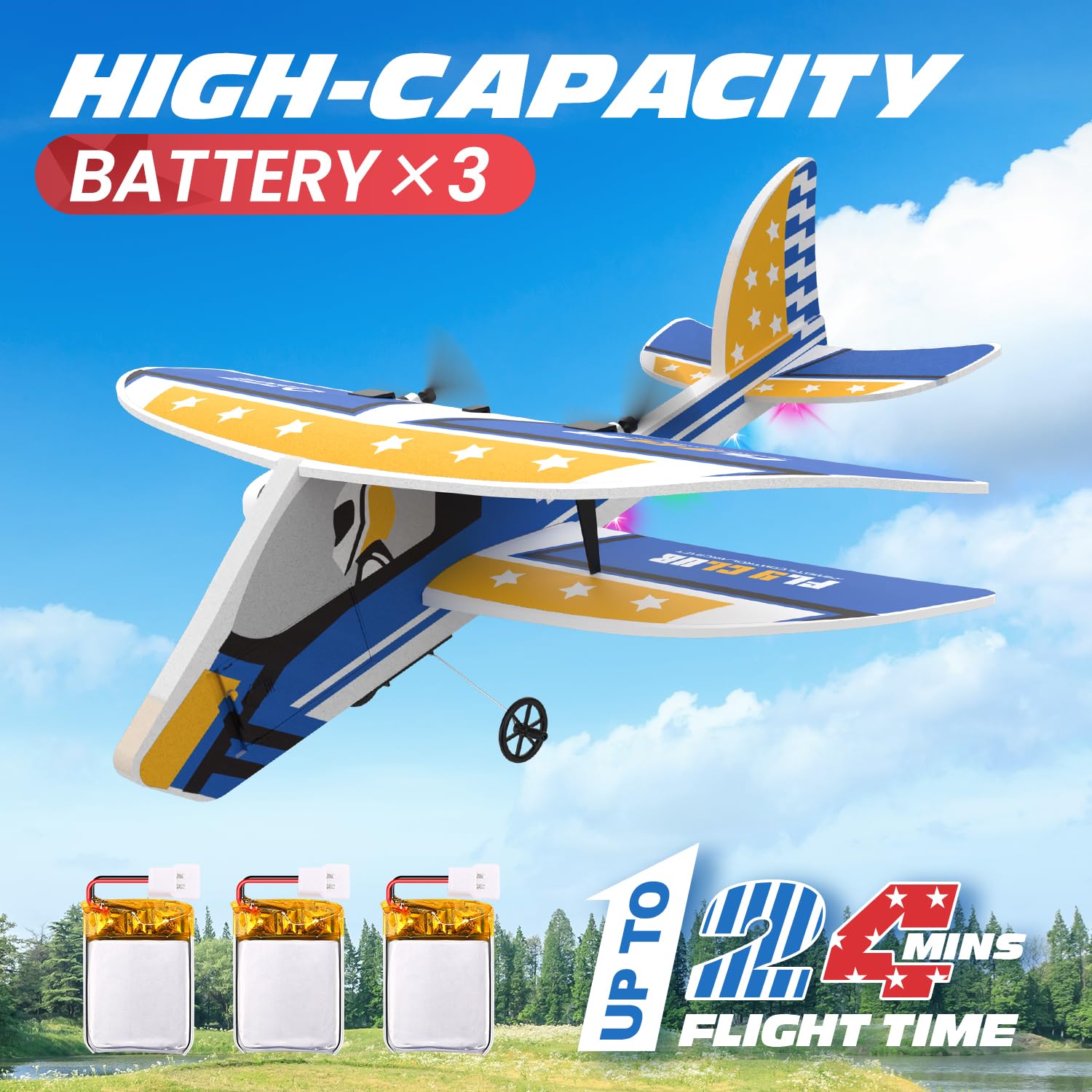 DEERC RC Plane in flight with stable 6-axis gyro system.