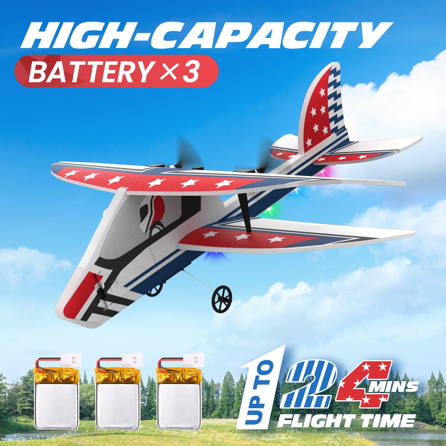 DEERC RC plane in flight showing stable performance and hover capability.