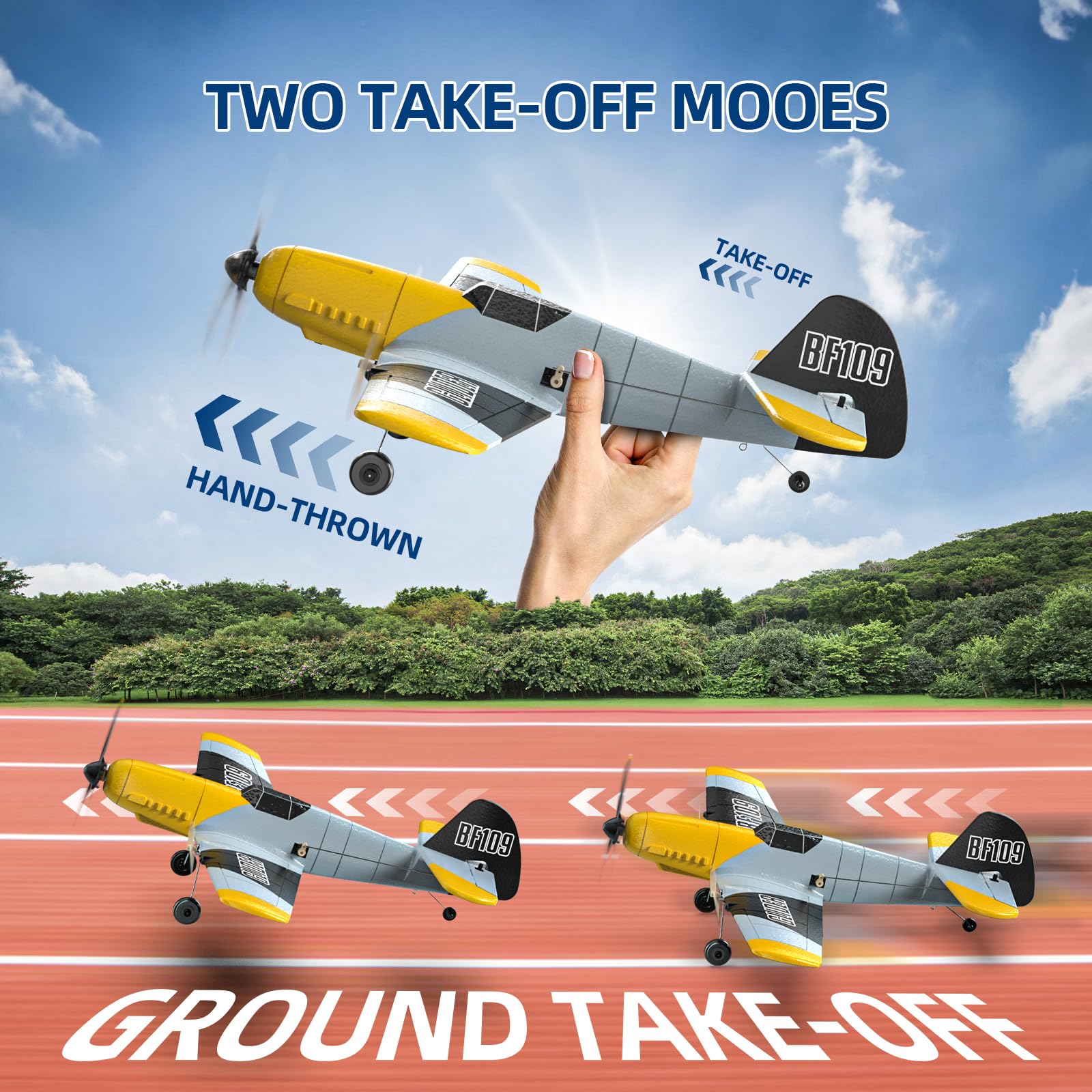DEERC RC Plane offers two take-off methods for beginners.