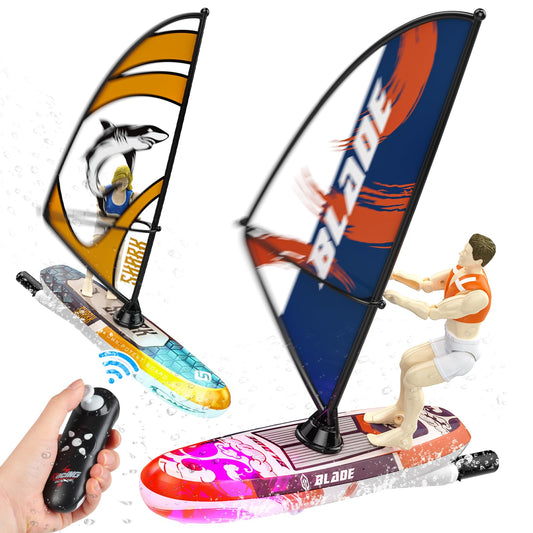 DEERC RC sailboat with LED lights for night visibility on water
