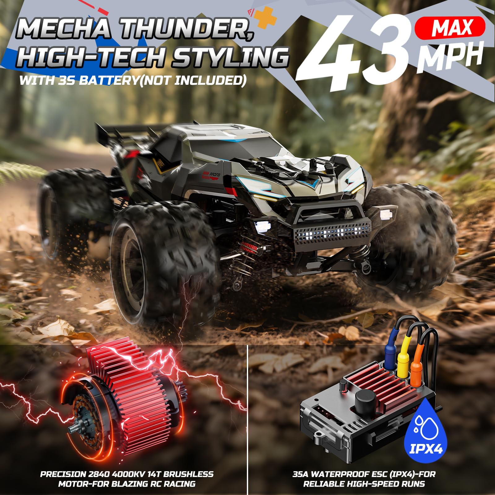 DEERC 4WD off-road chassis providing stable traction on rough terrain.