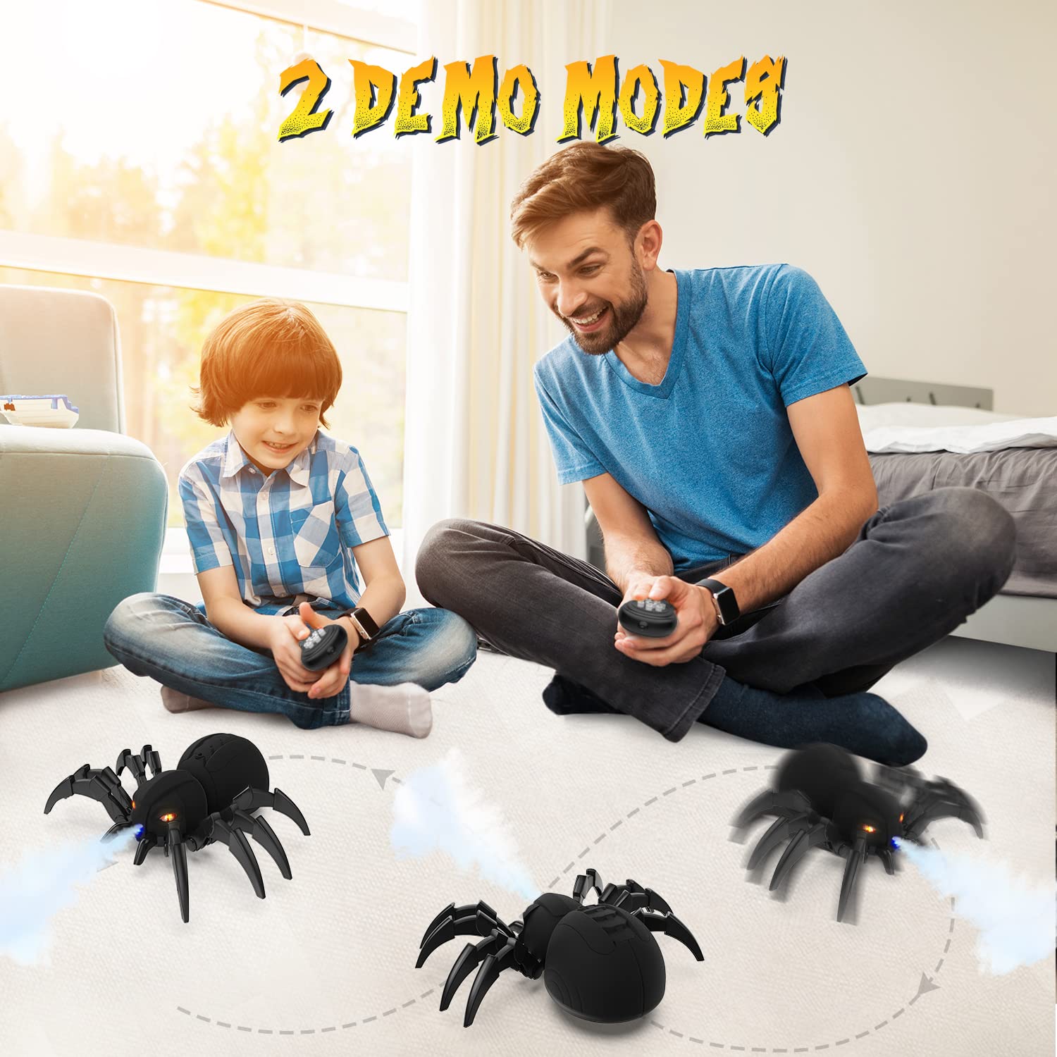 DEERC remote-control spider in action, showcasing crawling movement and spray.