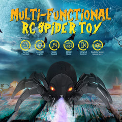 DEERC remote-control spider’s red LED eyes illuminate a spooky night display.
