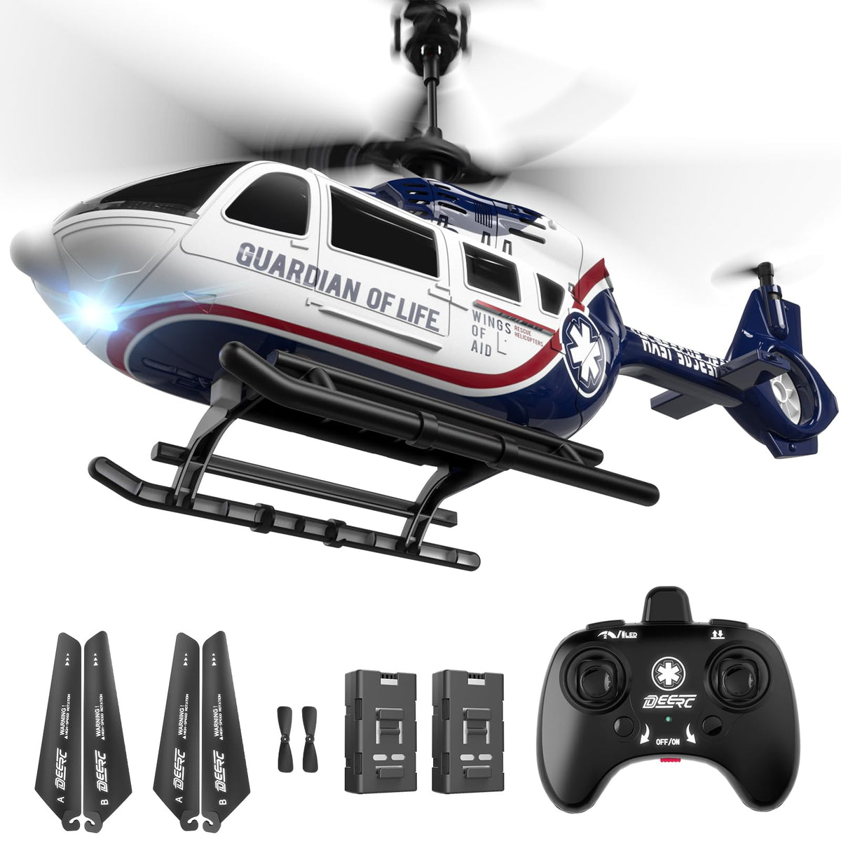 DEERC Rescue Helicopter with aerodynamic blades for stable indoor flight.