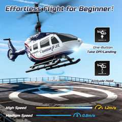 DEERC Rescue Helicopter LED lights improve visibility during dusk flights.