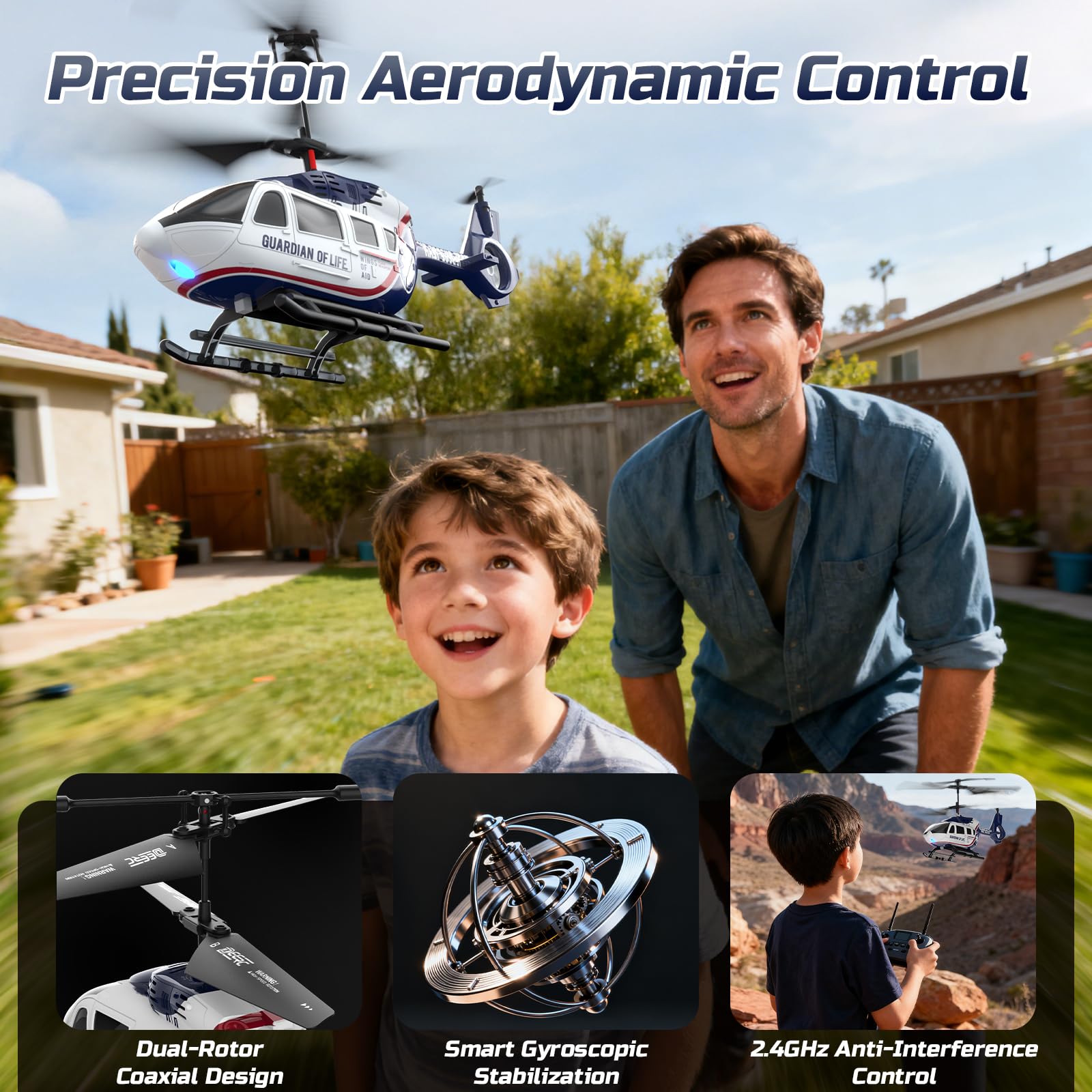 DEERC Rescue Helicopter one-key takeoff simplifies starting flights for beginners.