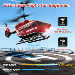 DEERC Rescue RC Helicopter hovering with altitude hold for stable flight.
