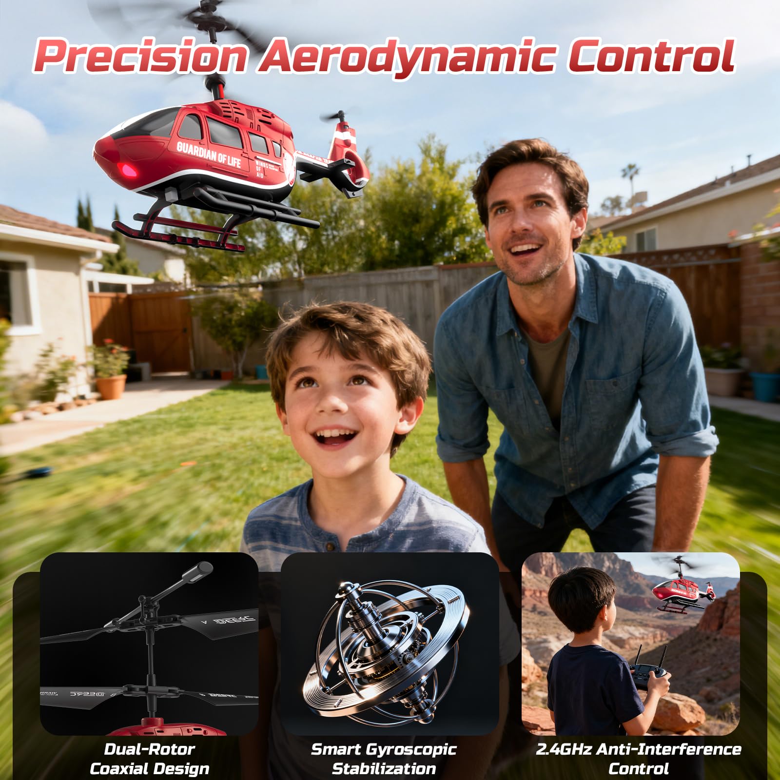 DEERC Rescue RC Helicopter safety indicators and spare parts for maintenance.