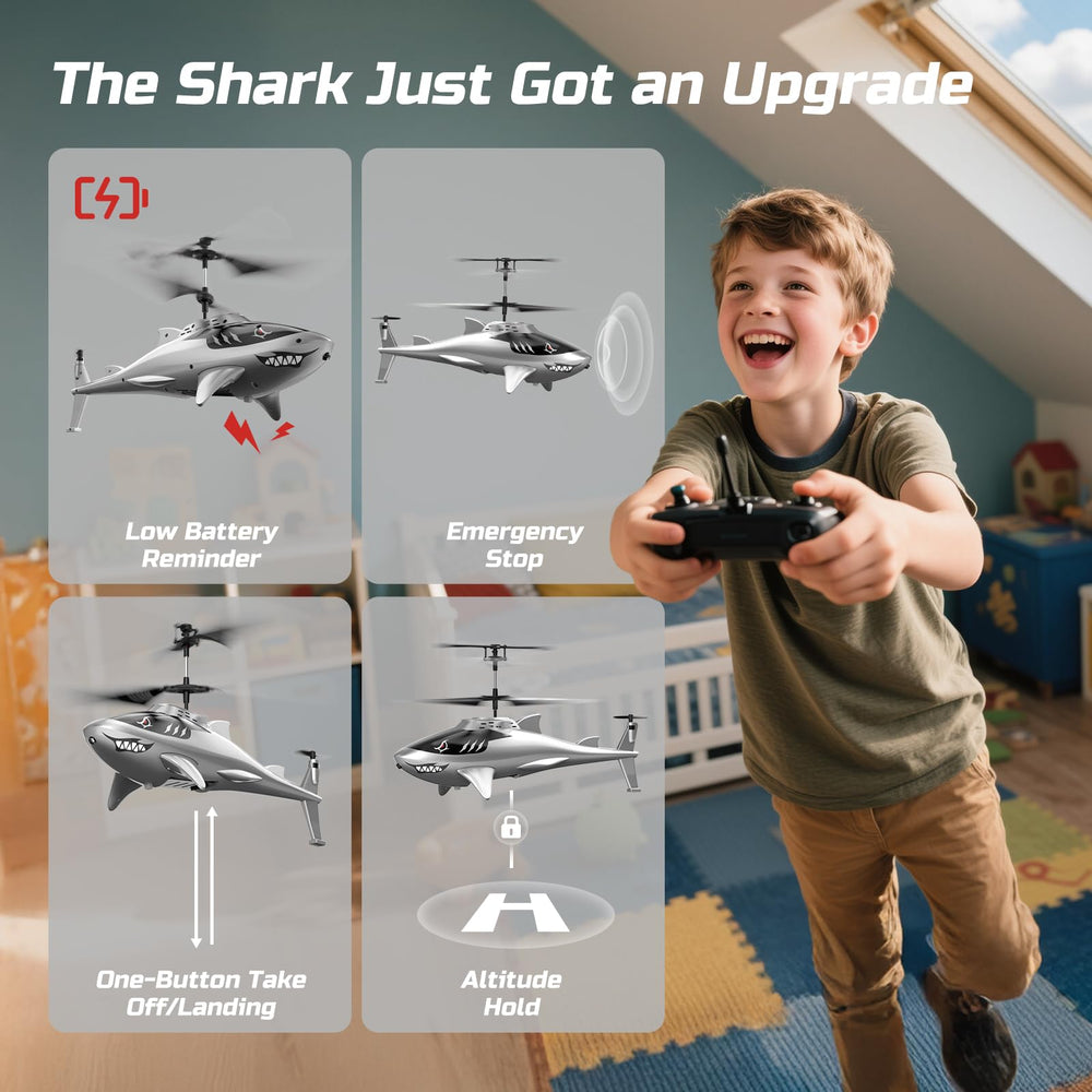 DEERC Shark RC helicopter with two batteries for longer sessions.