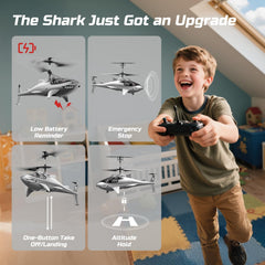DEERC Shark RC helicopter with two batteries for longer sessions.