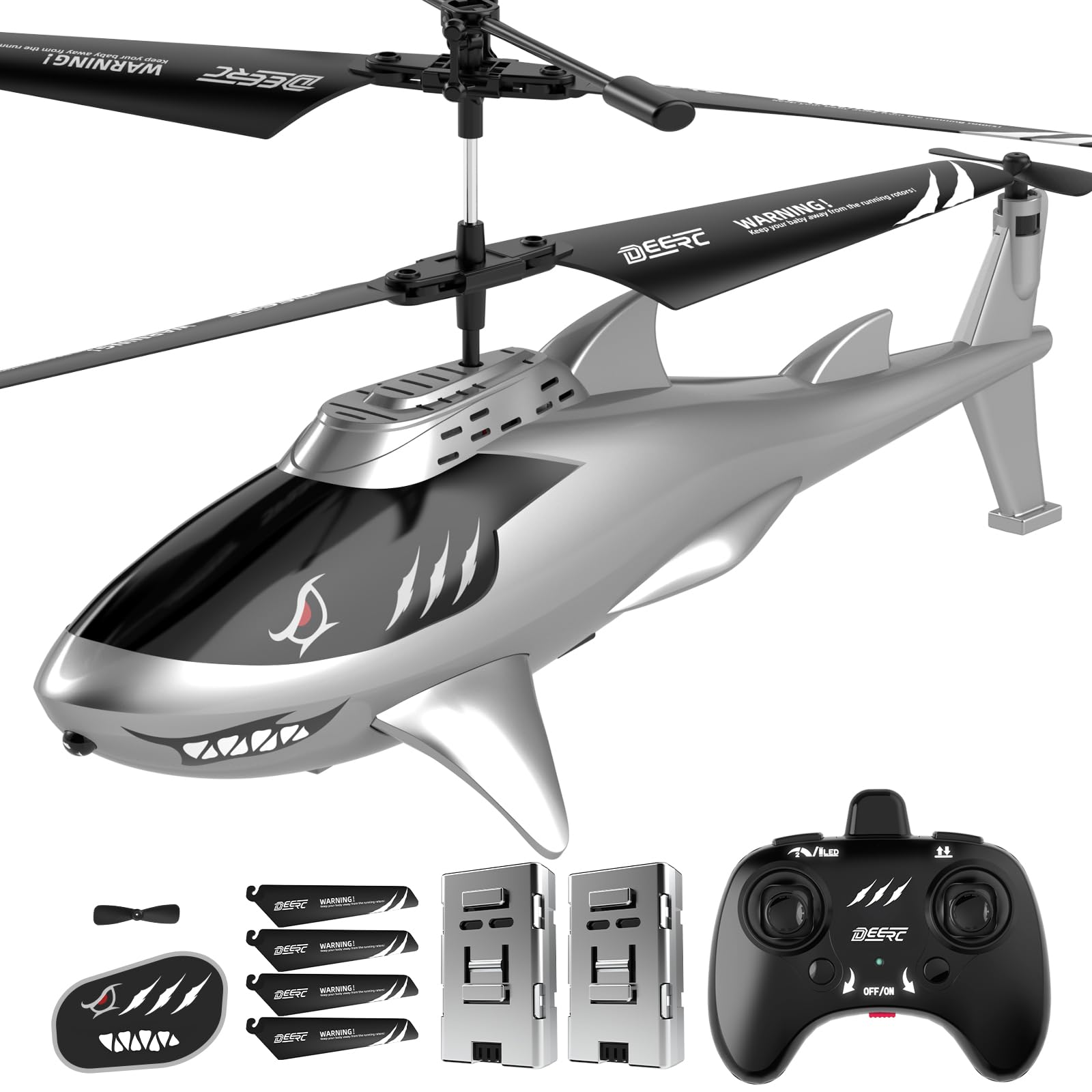 DEERC Shark RC helicopter front view with LED lights for indoor fun.