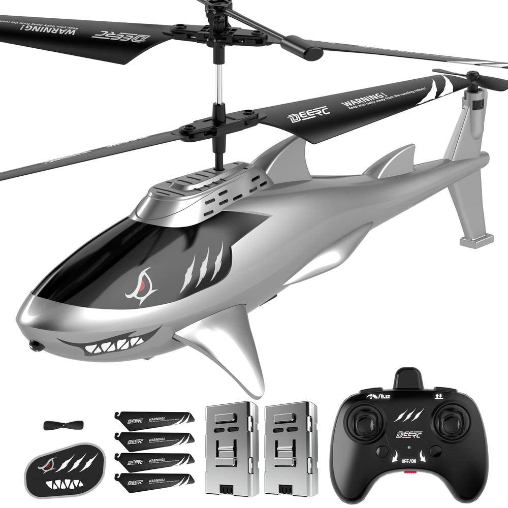 DEERC Shark RC helicopter front view with LED lights for indoor fun.