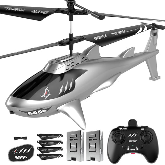 DEERC Shark RC helicopter front view with LED lights for indoor fun.