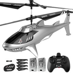 DEERC Shark RC helicopter front view with LED lights for indoor fun.