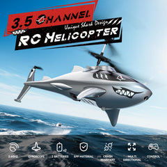 DEERC Shark RC helicopter side view showing two styles for creative flight.