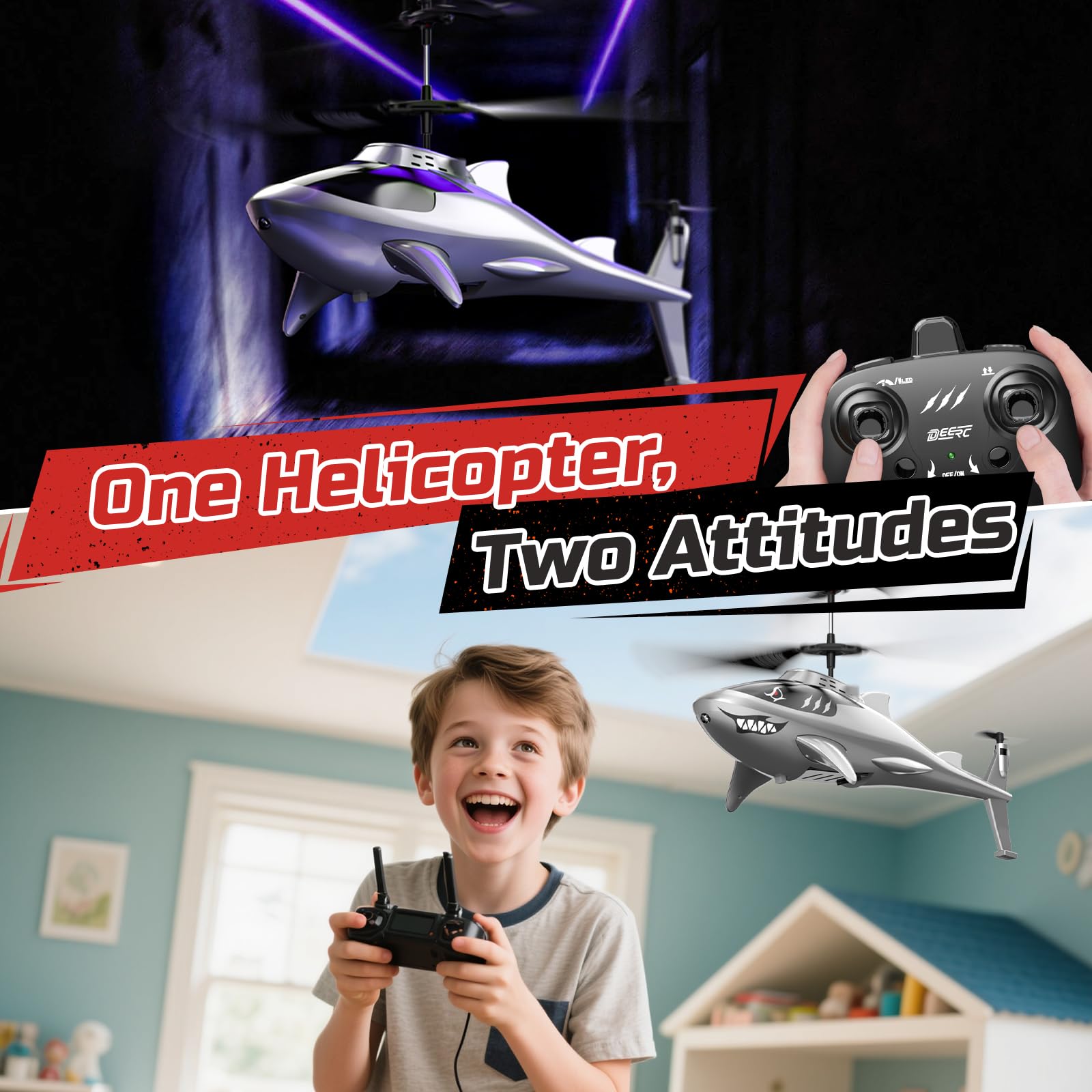 DEERC Shark RC helicopter USB-C charging keeps play uninterrupted.