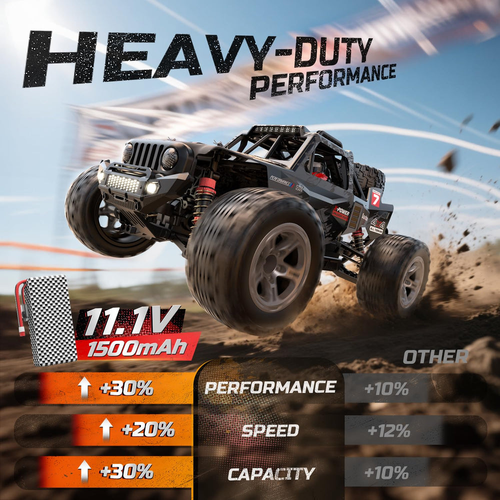 DEERC spare tire adds realistic trophy-truck look and practical roadside-style support.